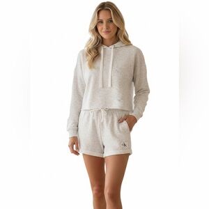 CK Cropped Hoodie & Cuffed Highrise Shorts Off White & Black Speckled Lounge Set